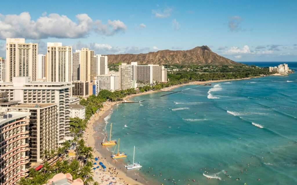 Waikiki beachfront and hotels with Diamond Head in the distance