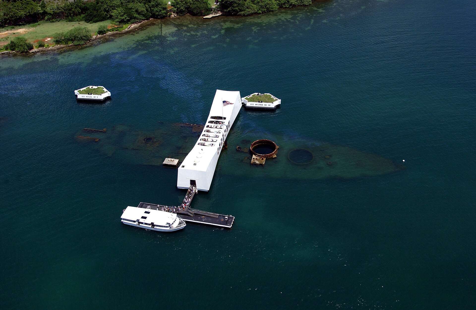 The USS Arizona Memorial over the sunken hull, Pearl Harbor