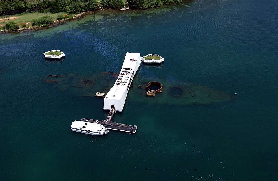 The USS Arizona Memorial over the sunken hull, Pearl Harbor